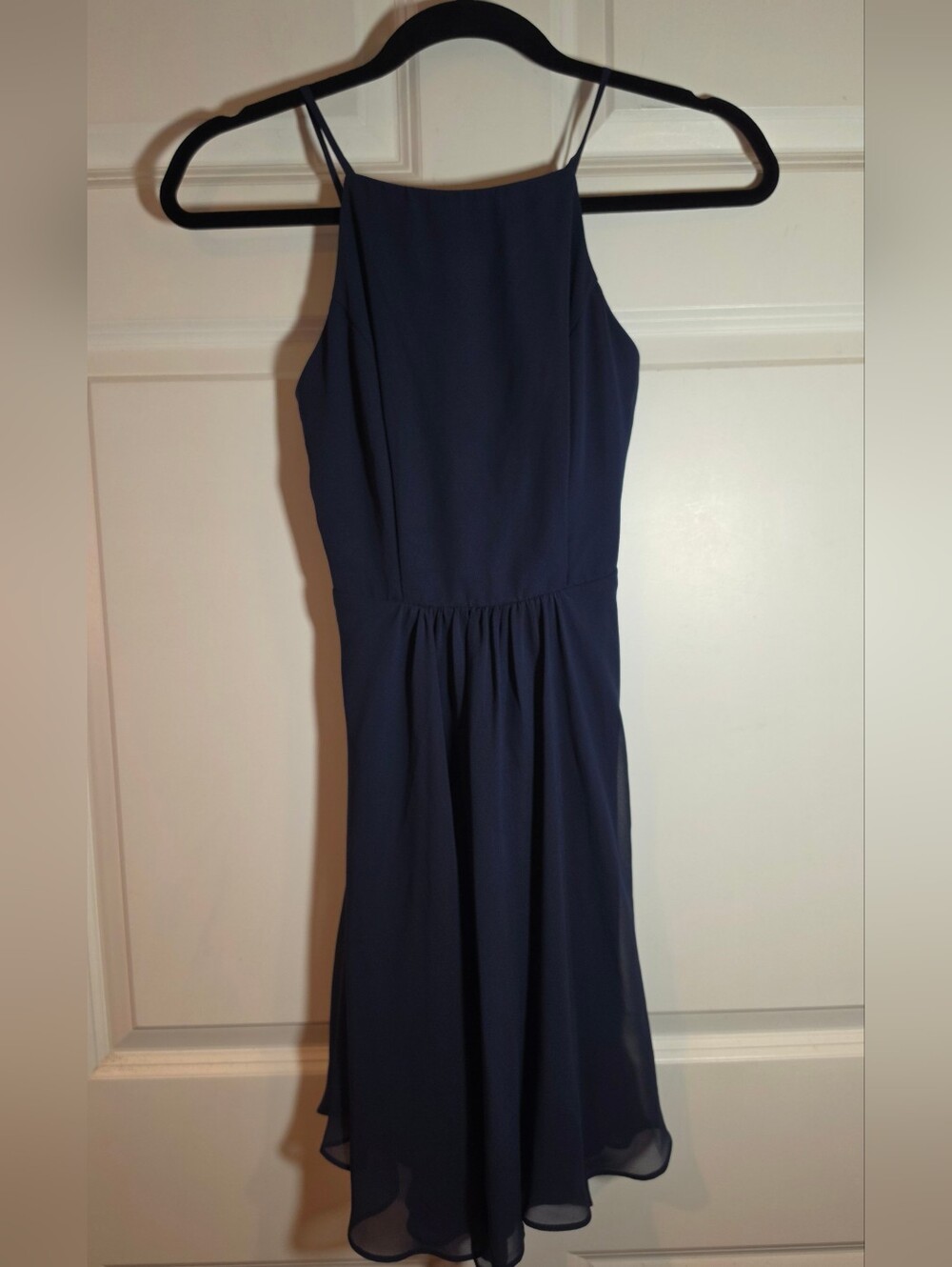 B. Darlin Navy High-Neck Spaghetti Strap Lace Back Mini Dress 3/4 Juniors
